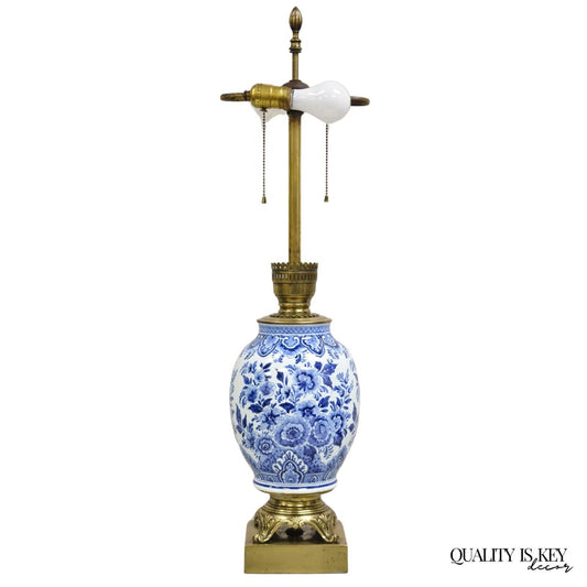 Vintage Chinoiserie Oriental Blue & White Brass & Porcelain Egg Table Lamp