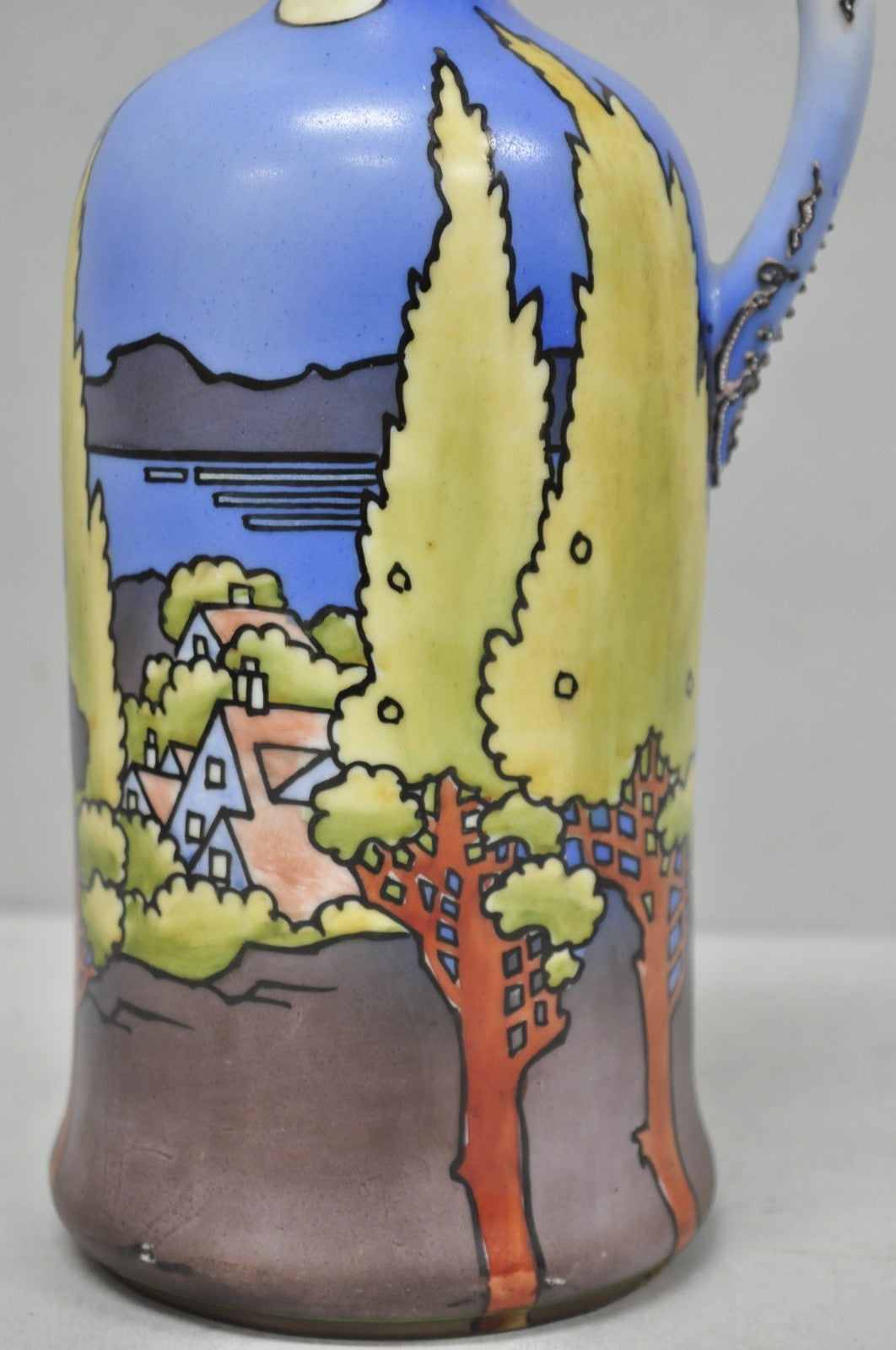 Antique Nippon Hand Painted Blue Halloween Pattern Porcelain Wine Jug w/ Cork