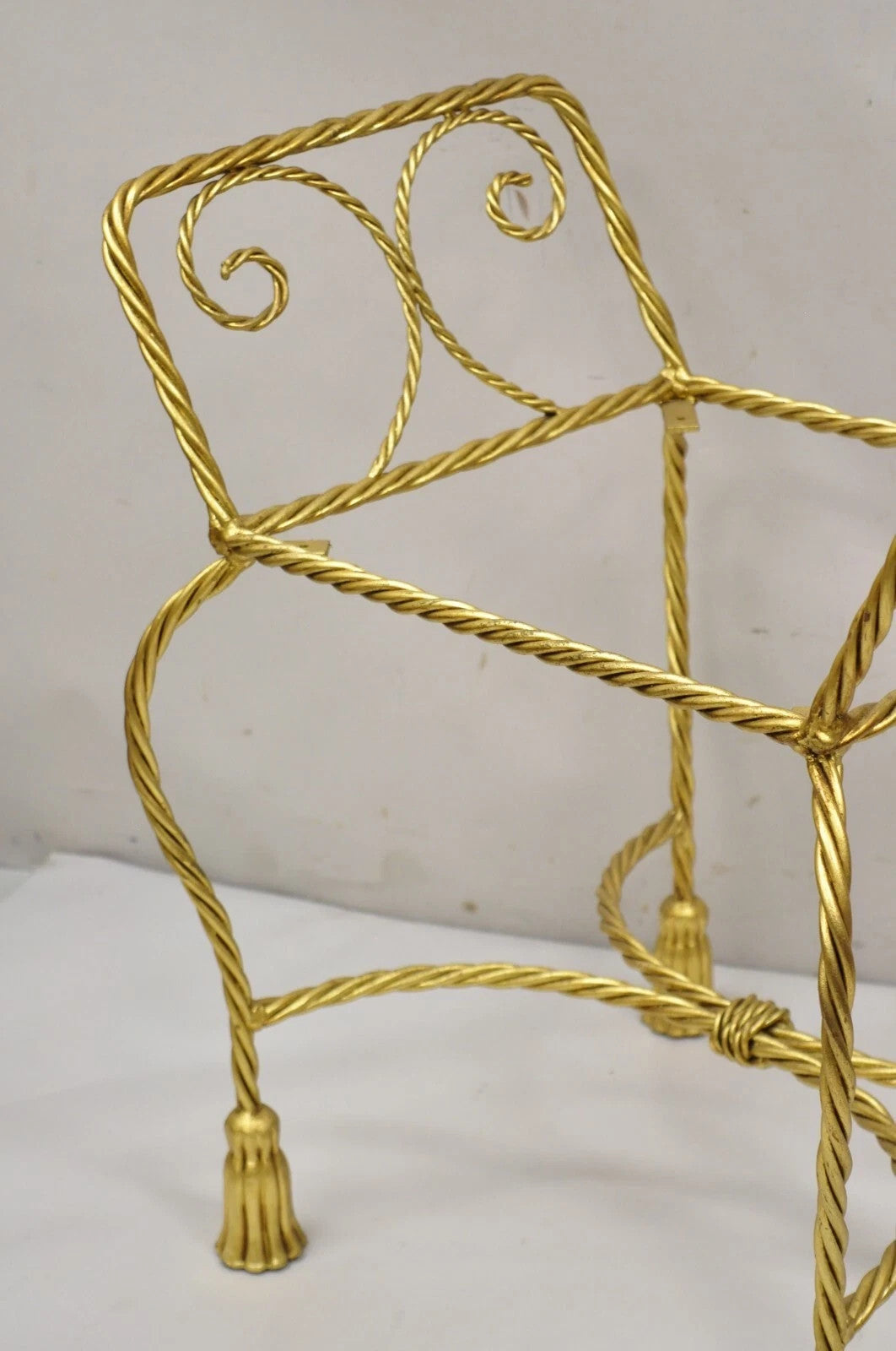 Vintage Italian Hollywood Regency Gold Gilt Iron Rope Tassel Vanity Bench Chair