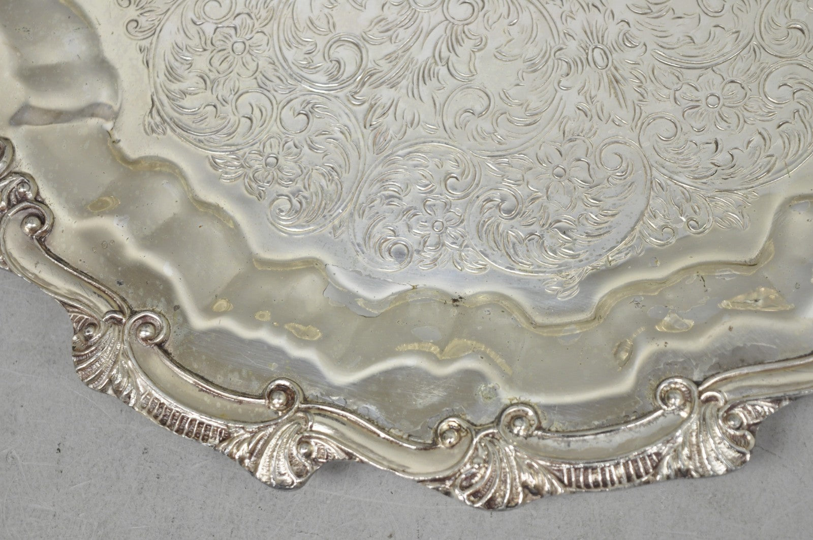 Vintage Victorian Silver Plated Round Scalloped Twin Handle Bar Serving Tray