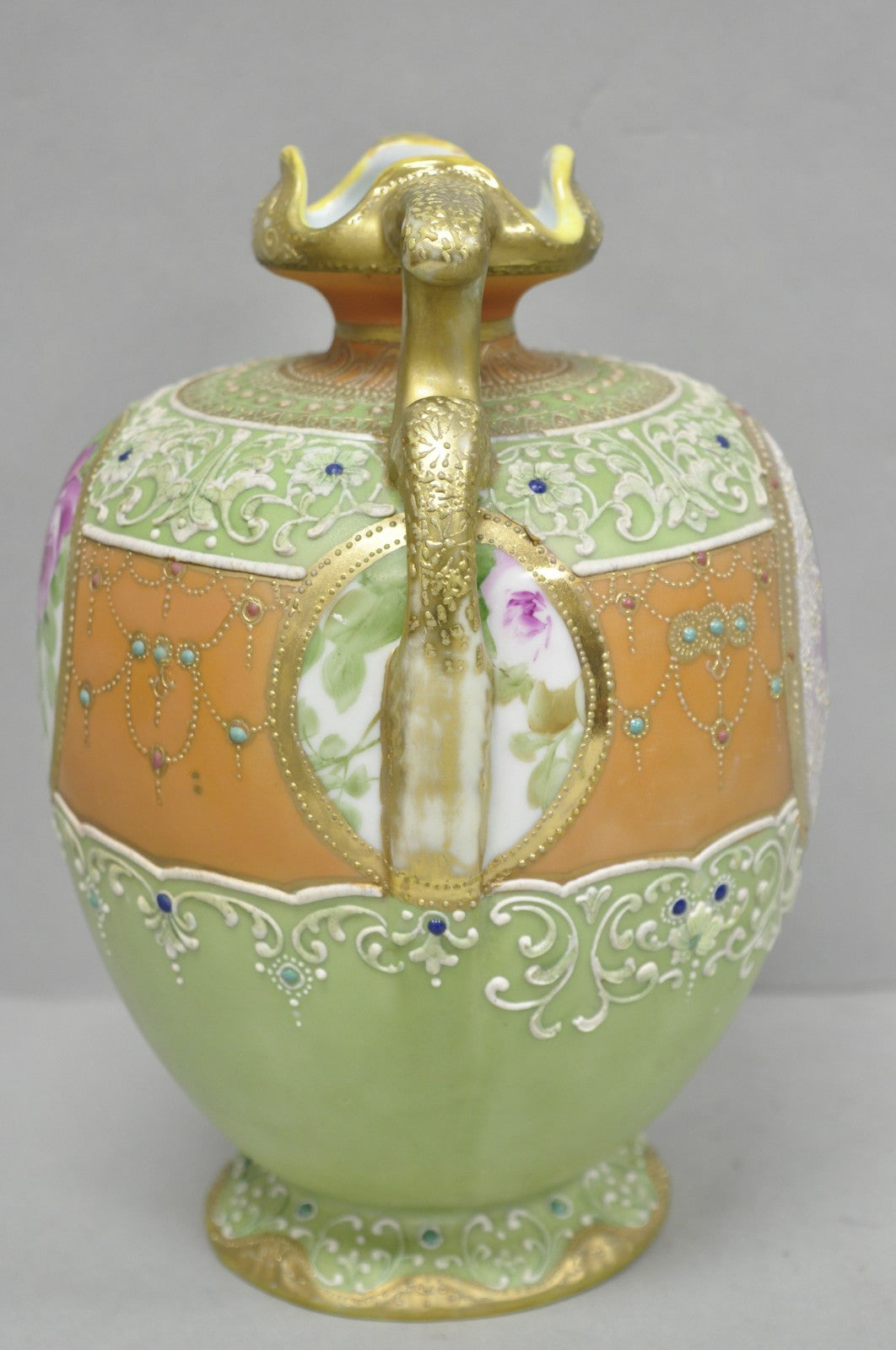 Antique Nippon Hand Painted Porcelain Green Moriage Twin Handle Portrait Vase