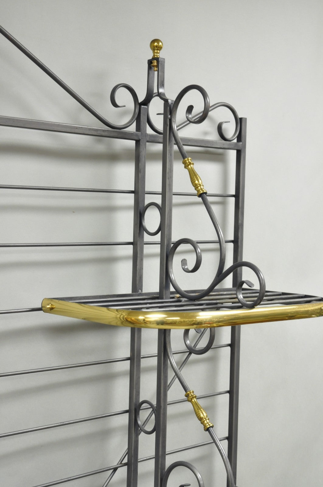 Vintage French Country Wrought Iron & Brass Kitchen Bakers Rack Bookcase Etagere