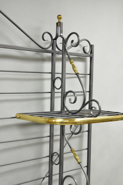 Vintage French Country Wrought Iron & Brass Kitchen Bakers Rack Bookcase Etagere