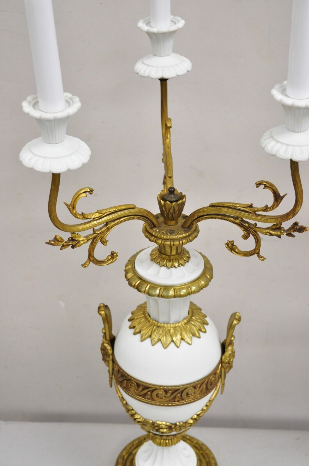 Antique French Louis XV Figural Bronze & Porcelain Candelabra Table Lamps - Pair