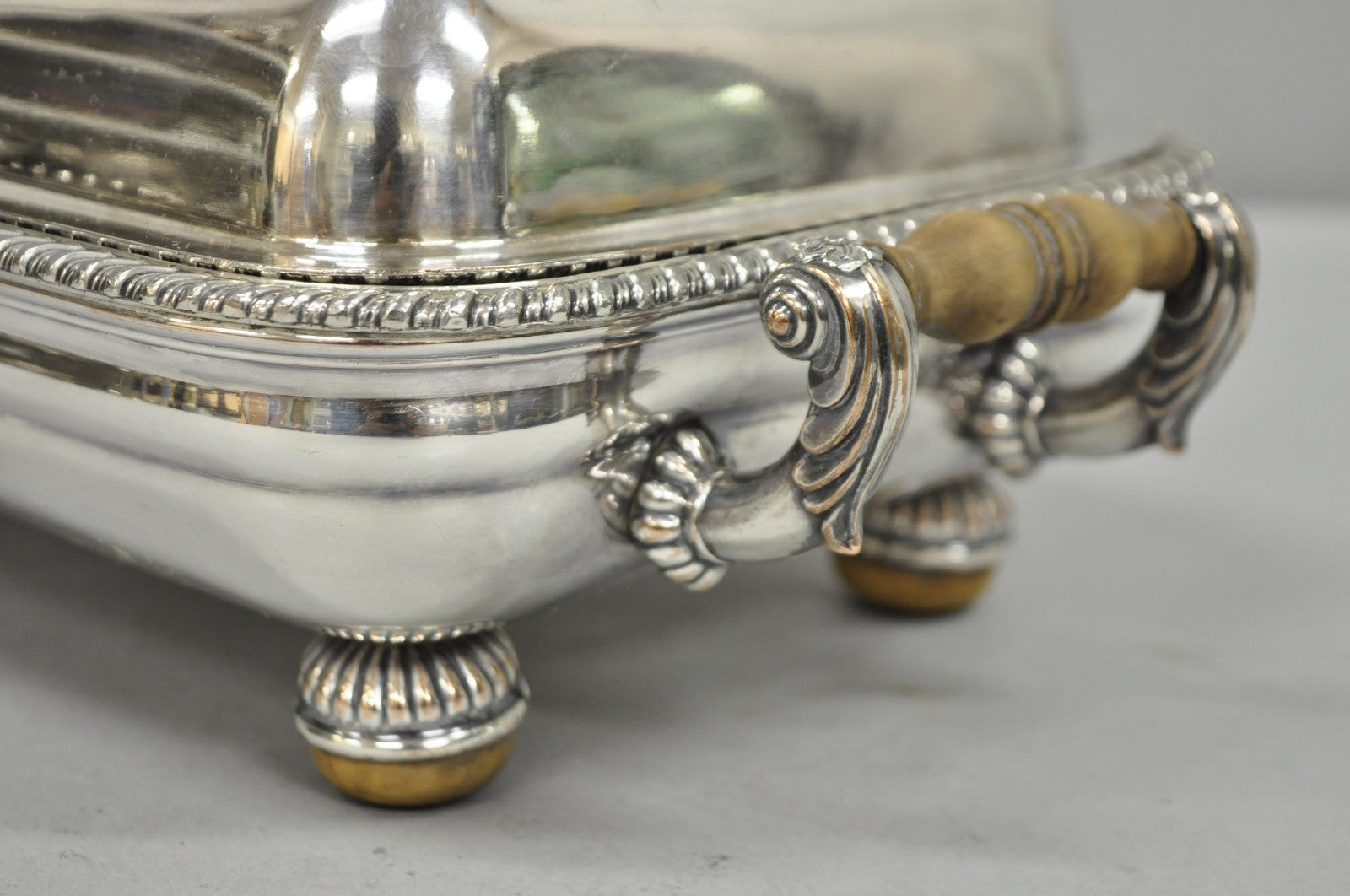 Antique English Georgian Silver Plated Covered Chafing Dish on Wooden Bun Feet
