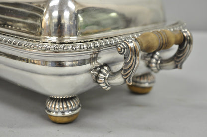 Antique English Georgian Silver Plated Covered Chafing Dish on Wooden Bun Feet