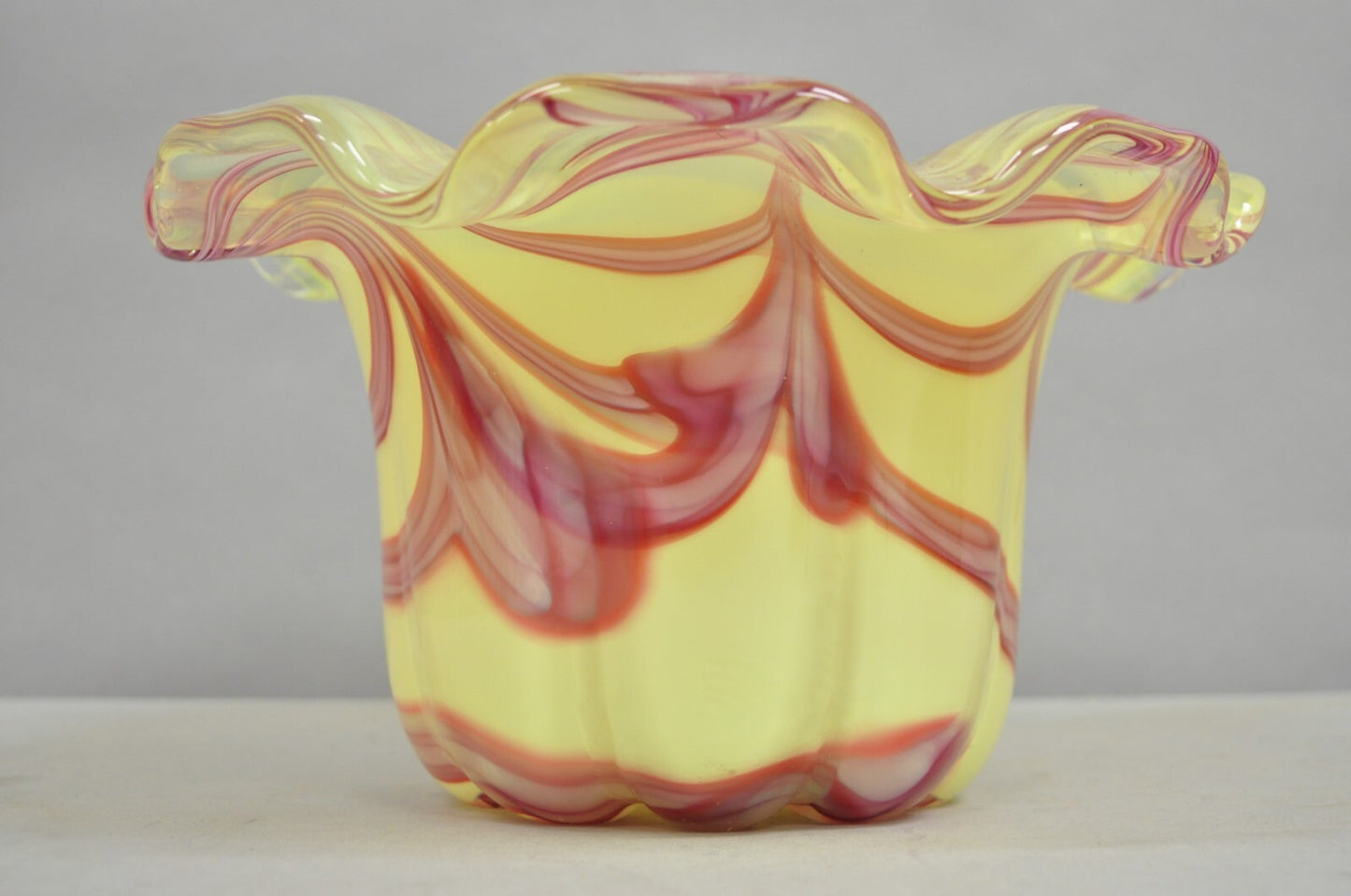 Vintage Murano Italy Hand Blown Glass Yellow Swirl Handkerchief Vase Bowl