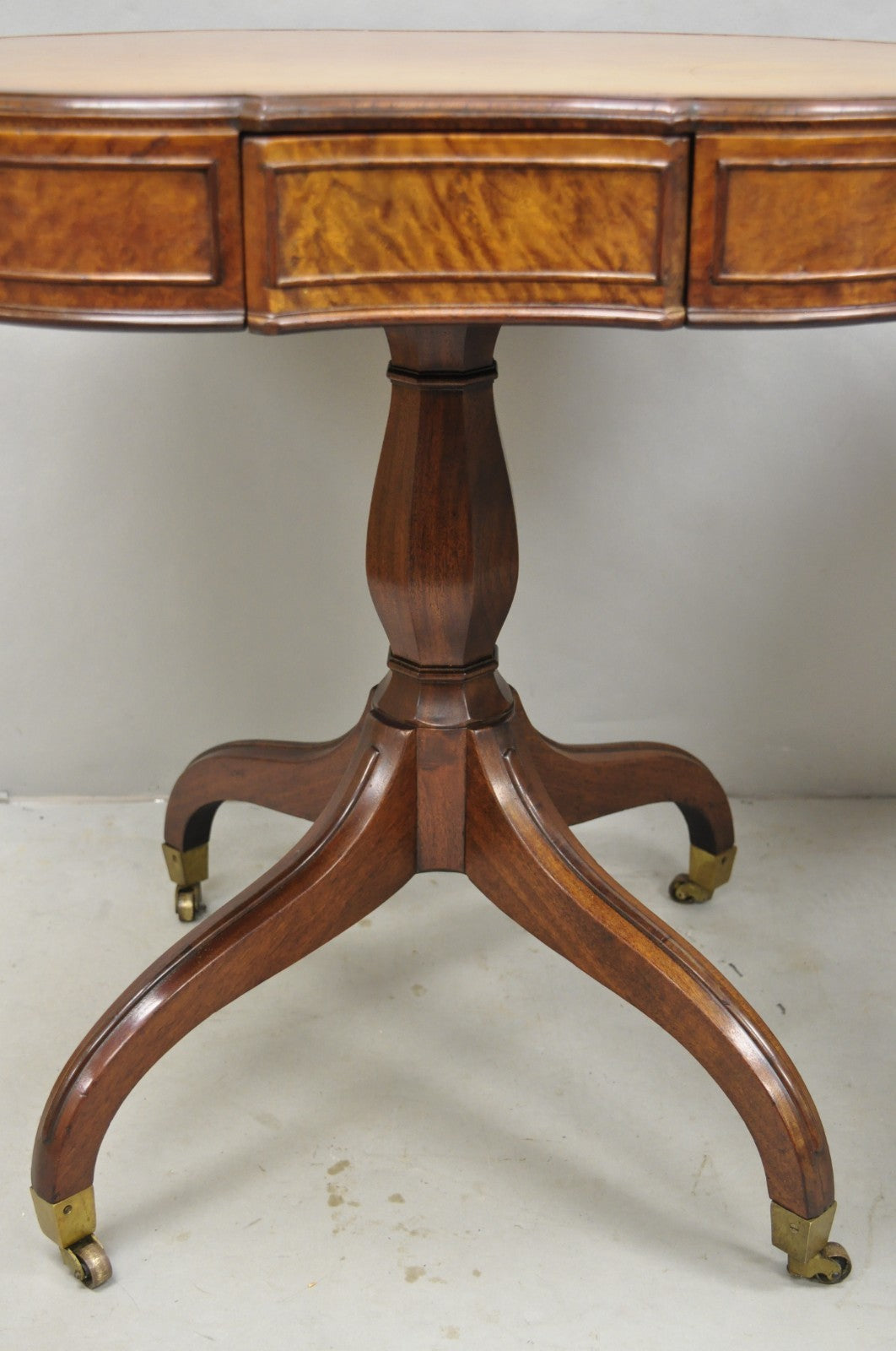 Vintage English Regency Leather Top Mahogany Drum End Table w/ 4 Drawers - Pair