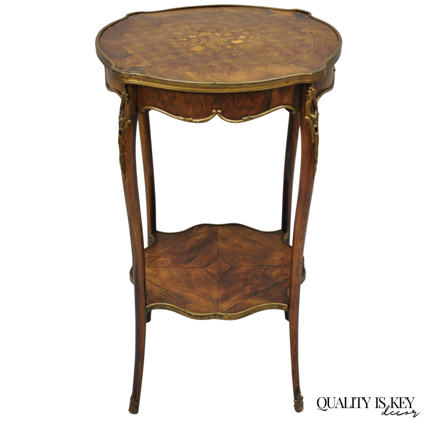 Antique French Louis XV Style Marquetry Inlay Bronze Ormolu Rosewood Side Table