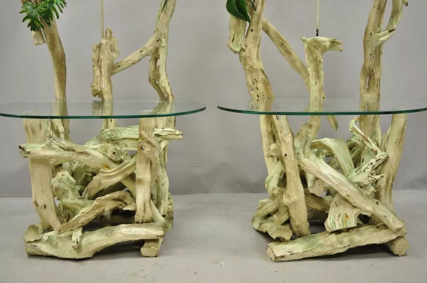 Mid Century Modern Driftwood Tiki Jungle Lamp End Tables w/ Kidney Glass - Pair