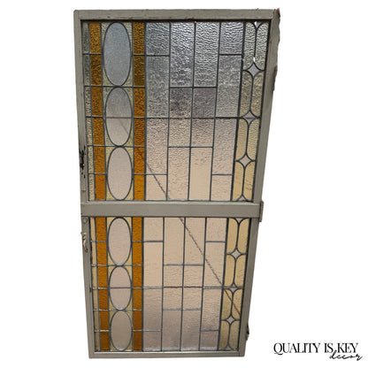 Antique Victorian Amber Stained Leaded Glass Double Window Converted to Door