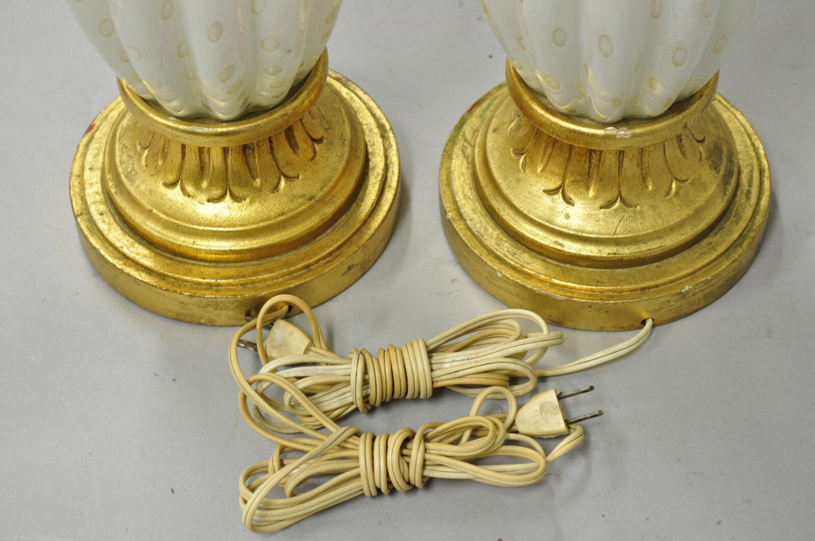 Vintage Mid Century Modern Italian Murano White Blown Glass Table Lamps - a Pair