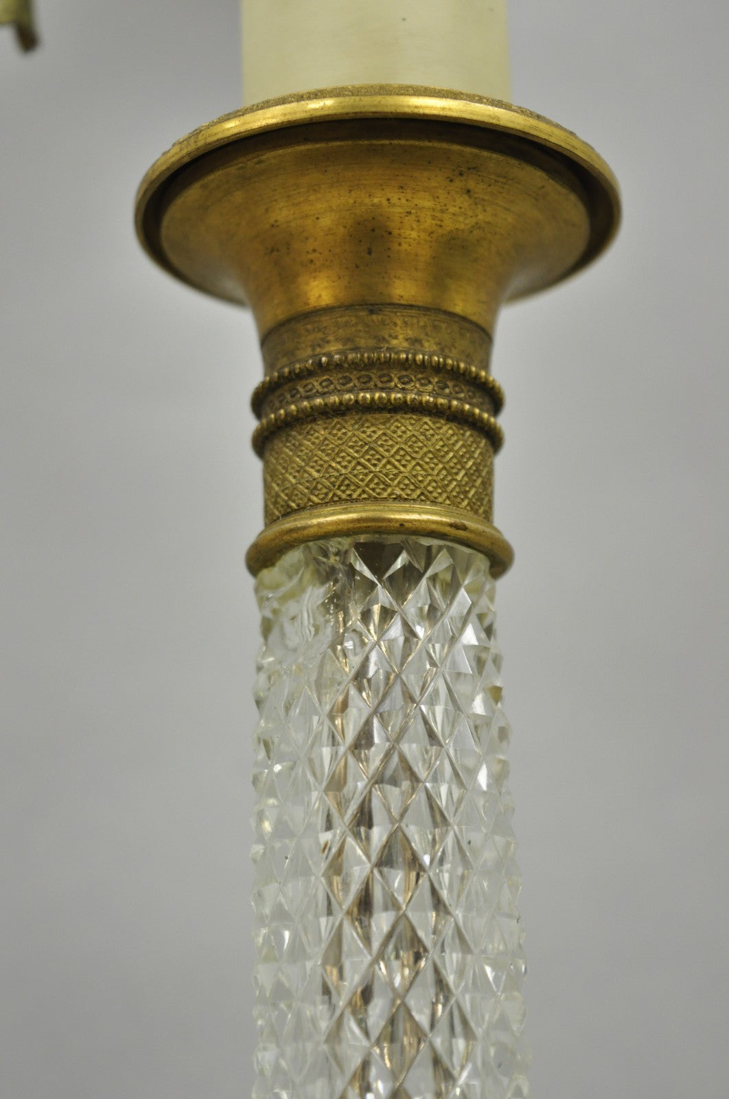 Antique French Empire Gilt Bronze Crystal Column Small Candlestick Table Lamp