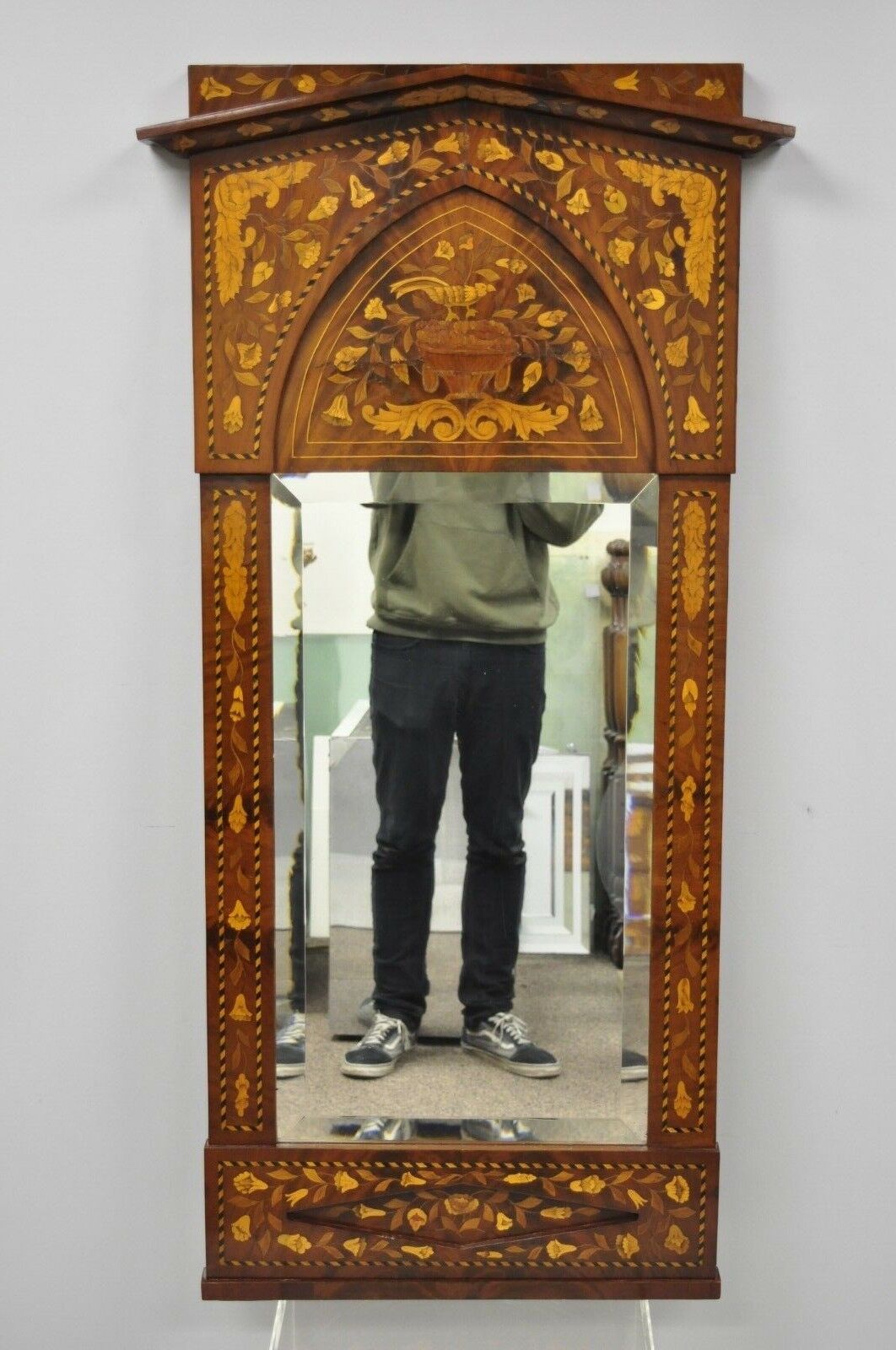 19th Century Satinwood Dutch Marquetry Inlaid Beveled Glass Console Wall Mirror