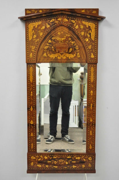 19th Century Satinwood Dutch Marquetry Inlaid Beveled Glass Console Wall Mirror