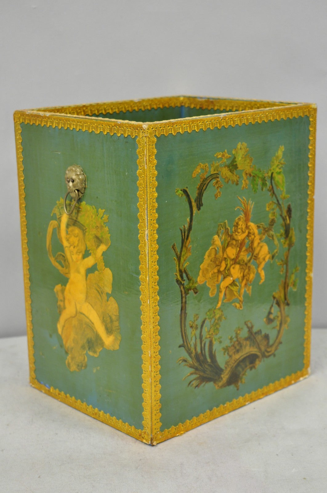 Vintage Italian Venetian Decoupage Green Gold Papier Mache Wastebasket Trash Can