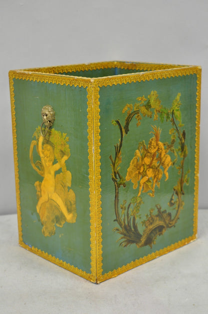 Vintage Italian Venetian Decoupage Green Gold Papier Mache Wastebasket Trash Can