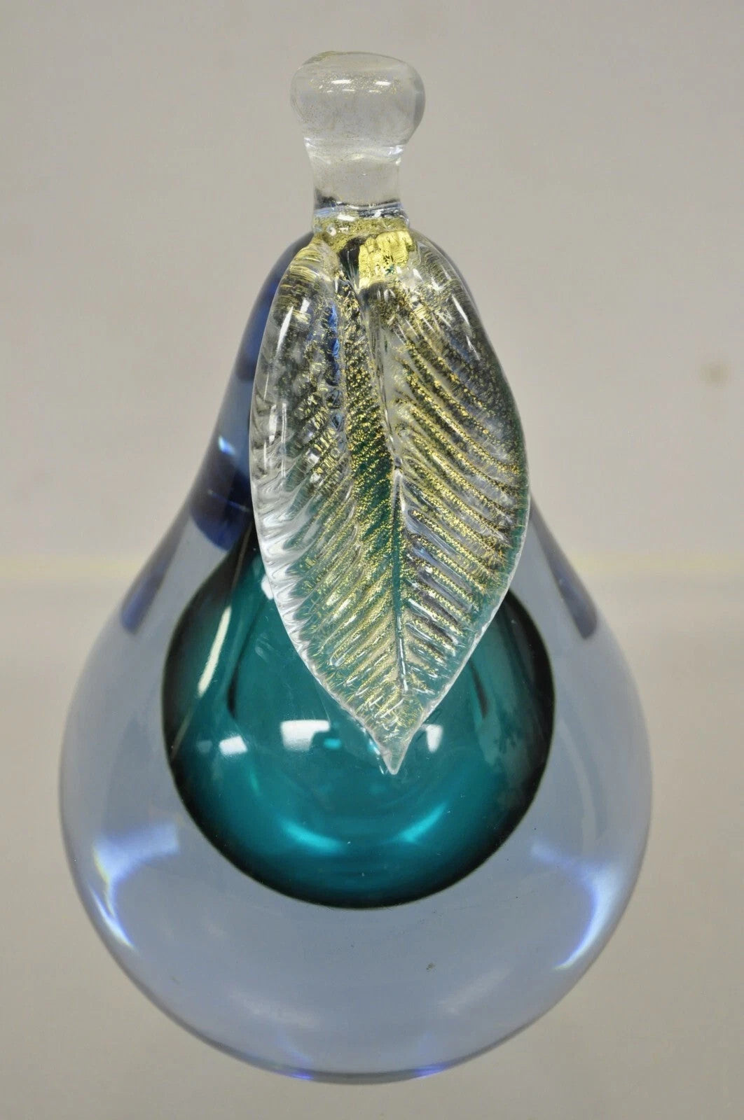 Italian Murano Blue 7" Blown Art Glass Pear Fruit Gold Flecks Leaf Paperweight