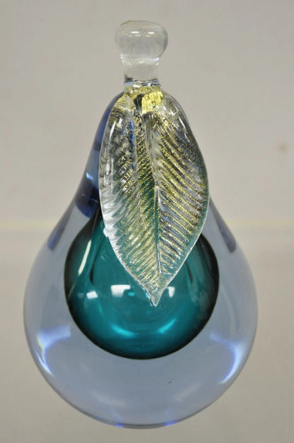 Italian Murano Blue 7" Blown Art Glass Pear Fruit Gold Flecks Leaf Paperweight