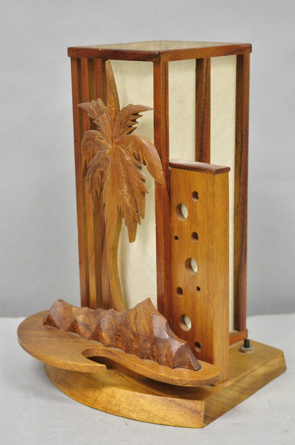 Vintage Mid Century Modern Carved Hawaiian Koa Wood Palm Tree Tiki Table Lamp