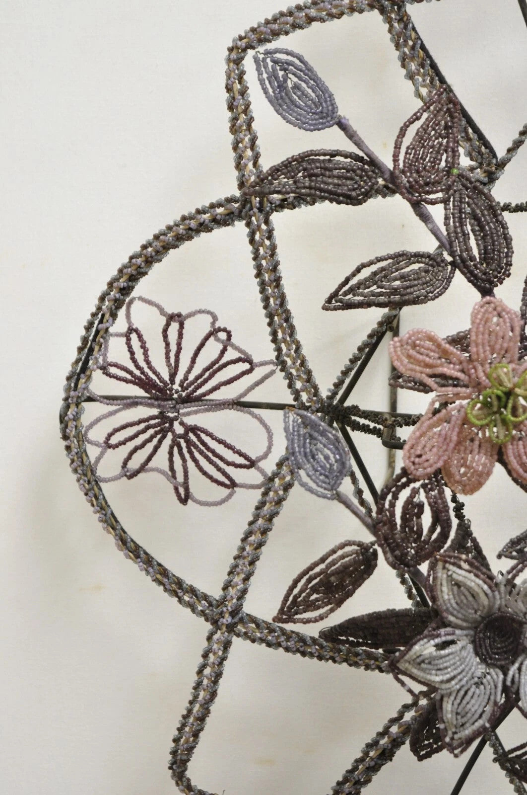 Antique French Victorian Purple Glass Beaded Memorial Wreath Wall Art Sculpture