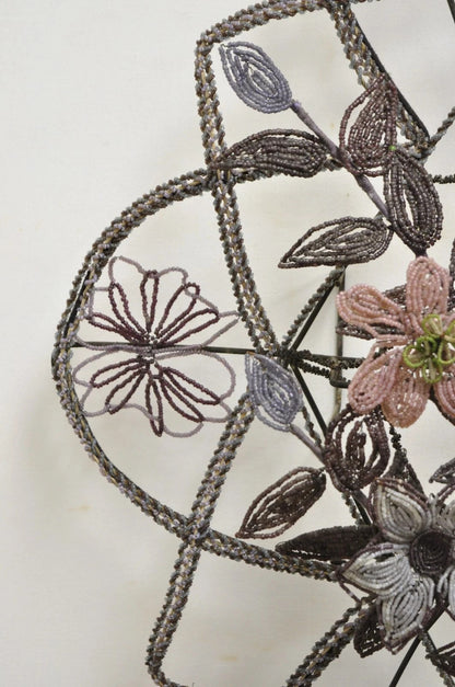 Antique French Victorian Purple Glass Beaded Memorial Wreath Wall Art Sculpture