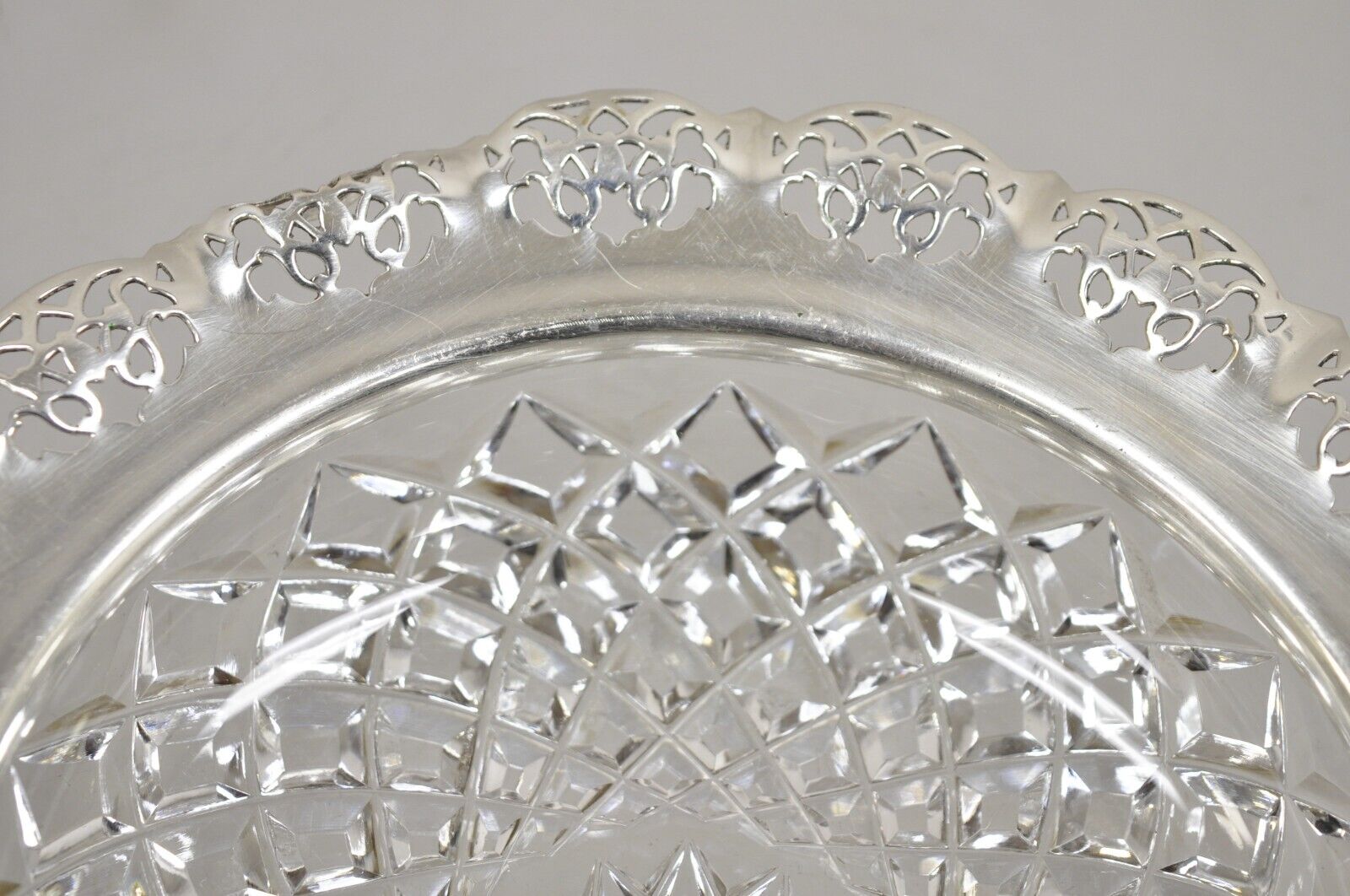 Antique English Victorian Cut Crystal Silver Plated Gallery Ashtray Trinket Dish