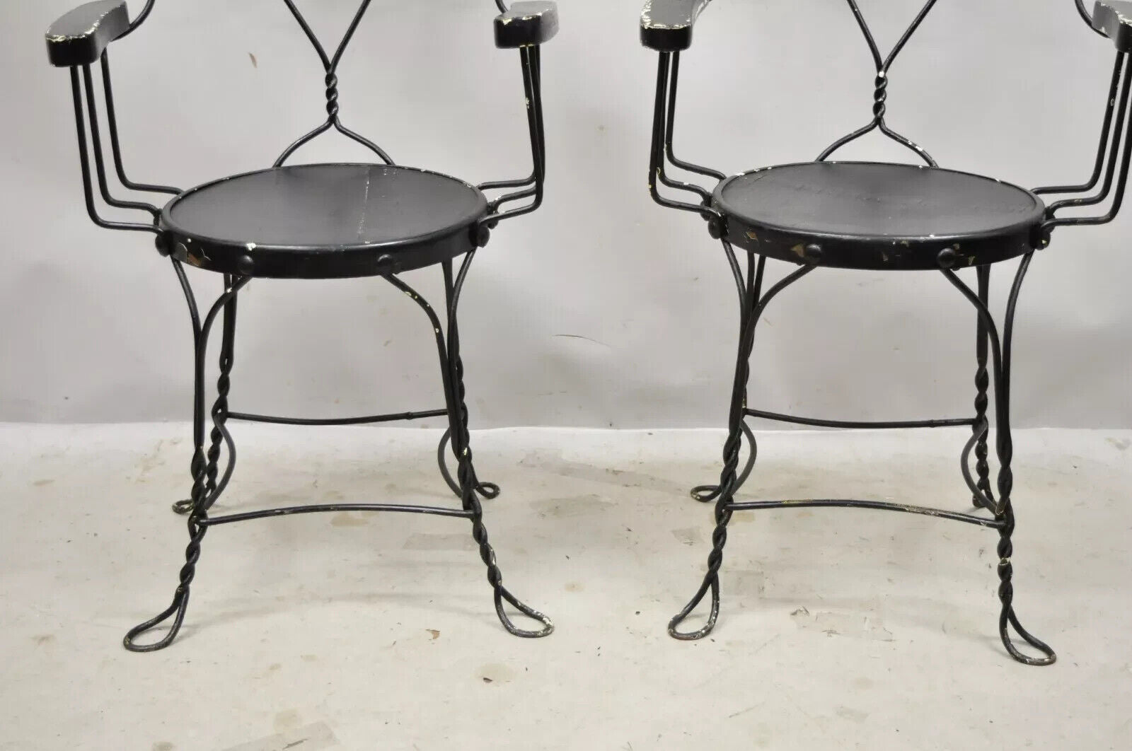 Antique Wrought Iron Twisted Metal Ice Cream Parlor Arm Chairs Wood Arms - Pair