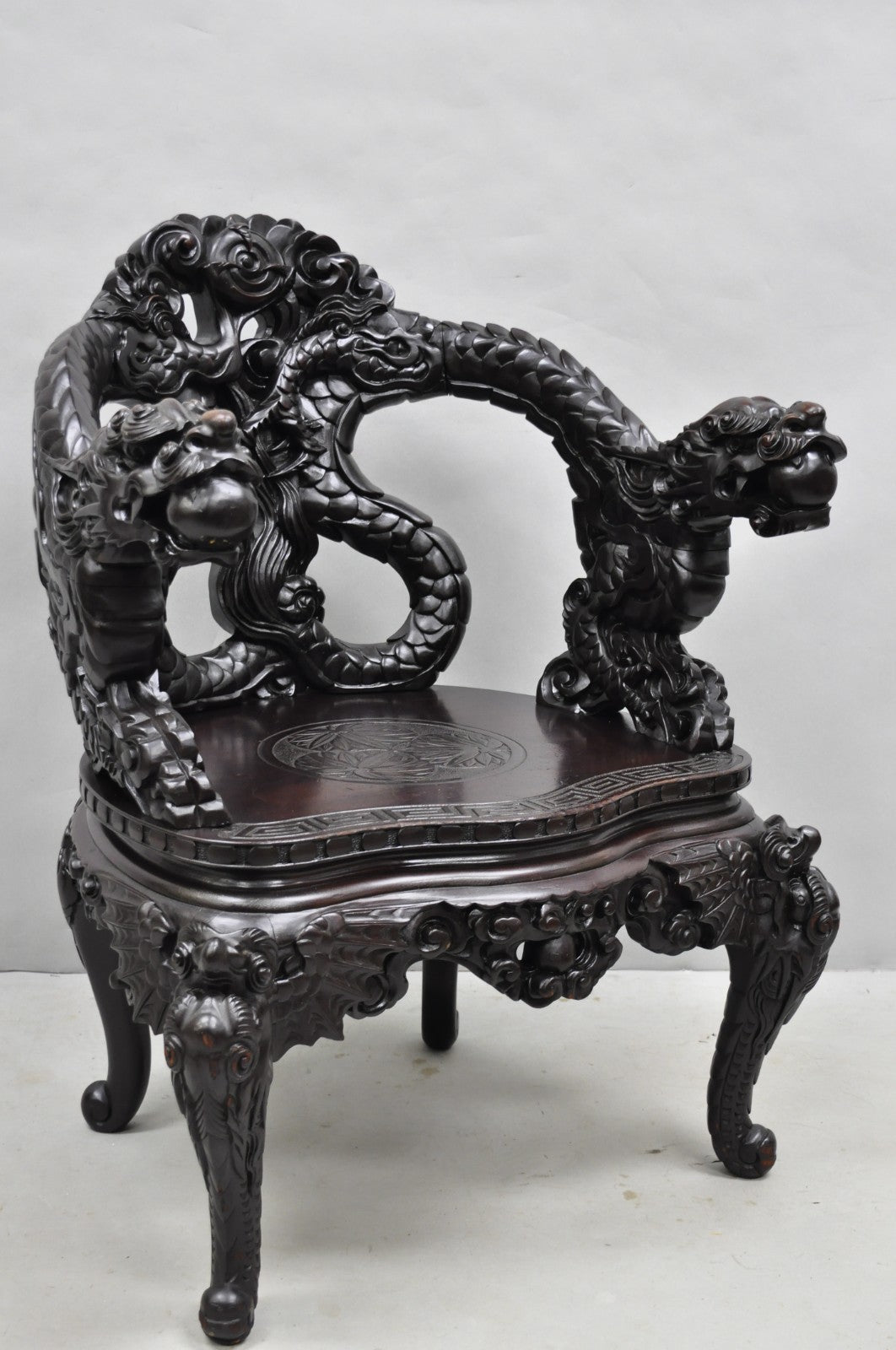 Antique Japanese Dragon Carved Wood Export Oriental Palace Lounge Arm Chair