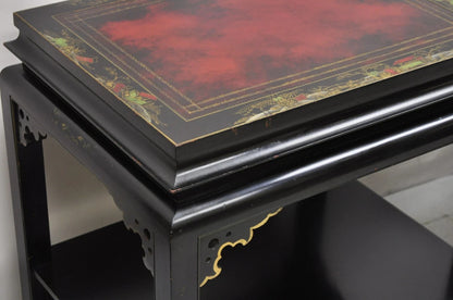 Vintage Chinoiserie Black Lacquered Red Leather Top 2 Tier End Tables - a Pair