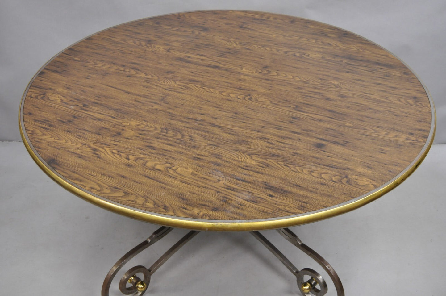 Vintage French Pastry Scrolling Steel and Bronze Neoclassical Round Dining Table