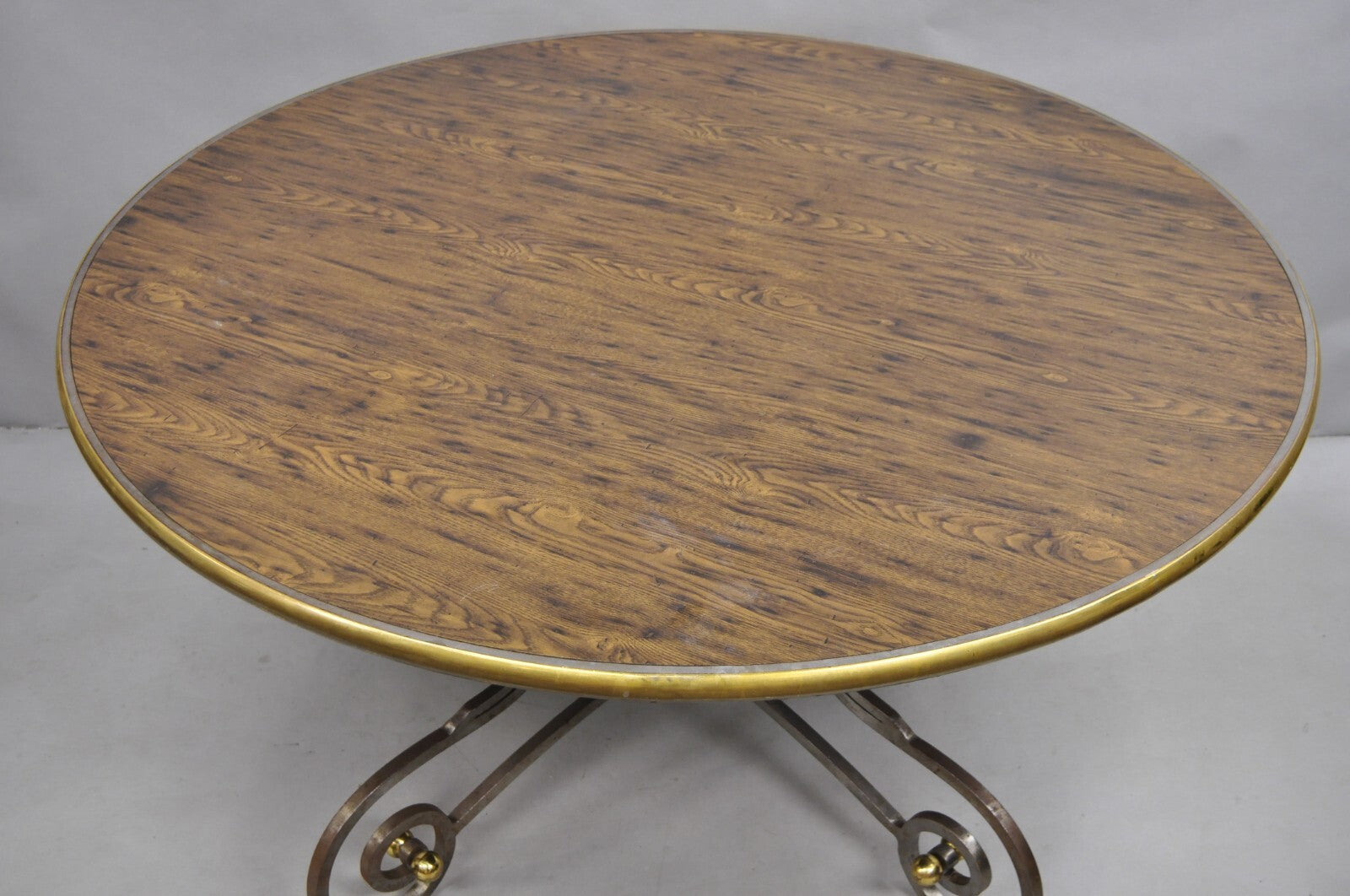 Vintage French Pastry Scrolling Steel and Bronze Neoclassical Round Dining Table