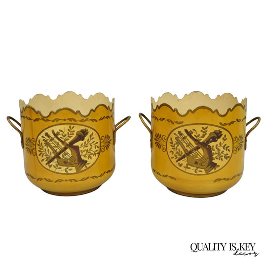 Vintage French Country Tole Metal Yellow Painted Cachepot Planter Vase - a Pair