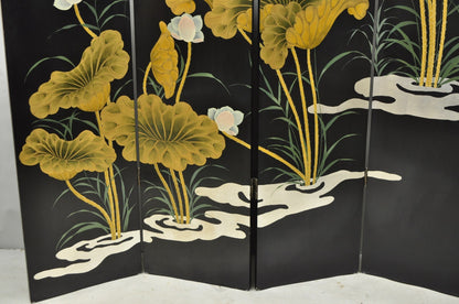 Decorator Chinoiserie Black Lacquer Oriental Painted 4 Panel Room Divider Screen