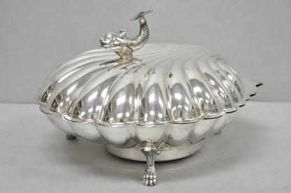 Vintage Eaton Silver Co Regency Silver Plated Clam Shell Warmer w Dolphin Handle