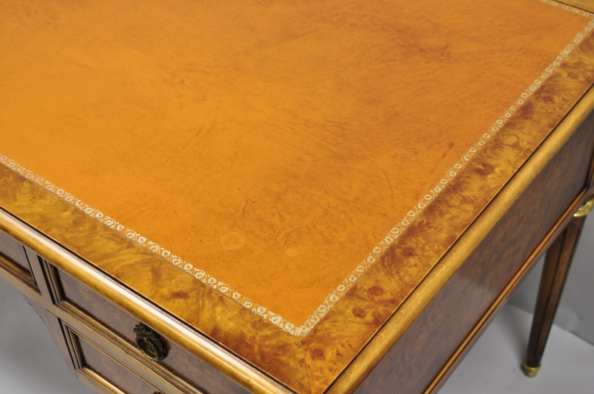Vintage French Louis XVI Style Burl Walnut Tooled Leather Top Writing Desk