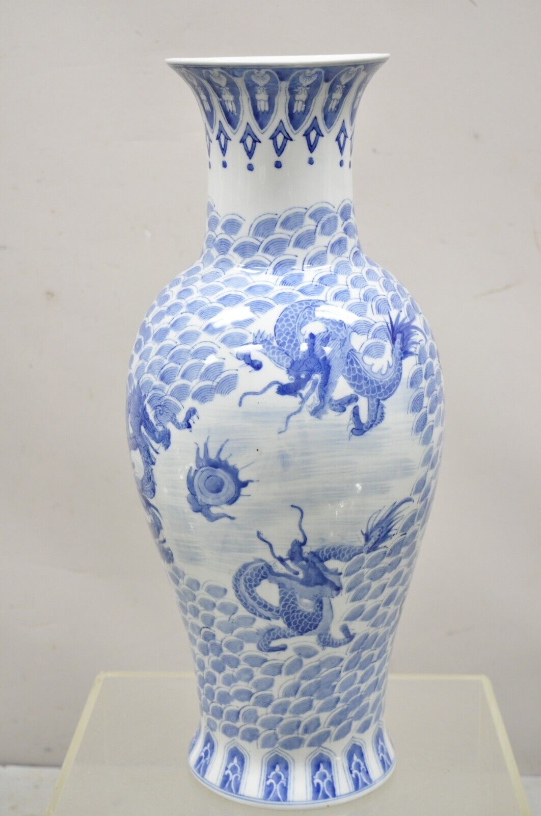 Vintage Blue and White Delf Style Porcelain Chinese Export 25" Tall Dragon Vase