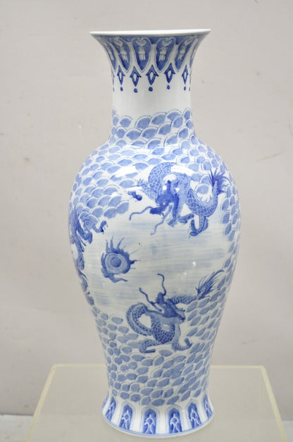 Vintage Blue and White Delf Style Porcelain Chinese Export 25" Tall Dragon Vase