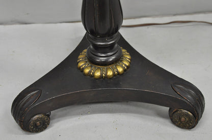 Antique Chinoiserie English Regency Black Lacquer Carved Wood Floor Lamp Table