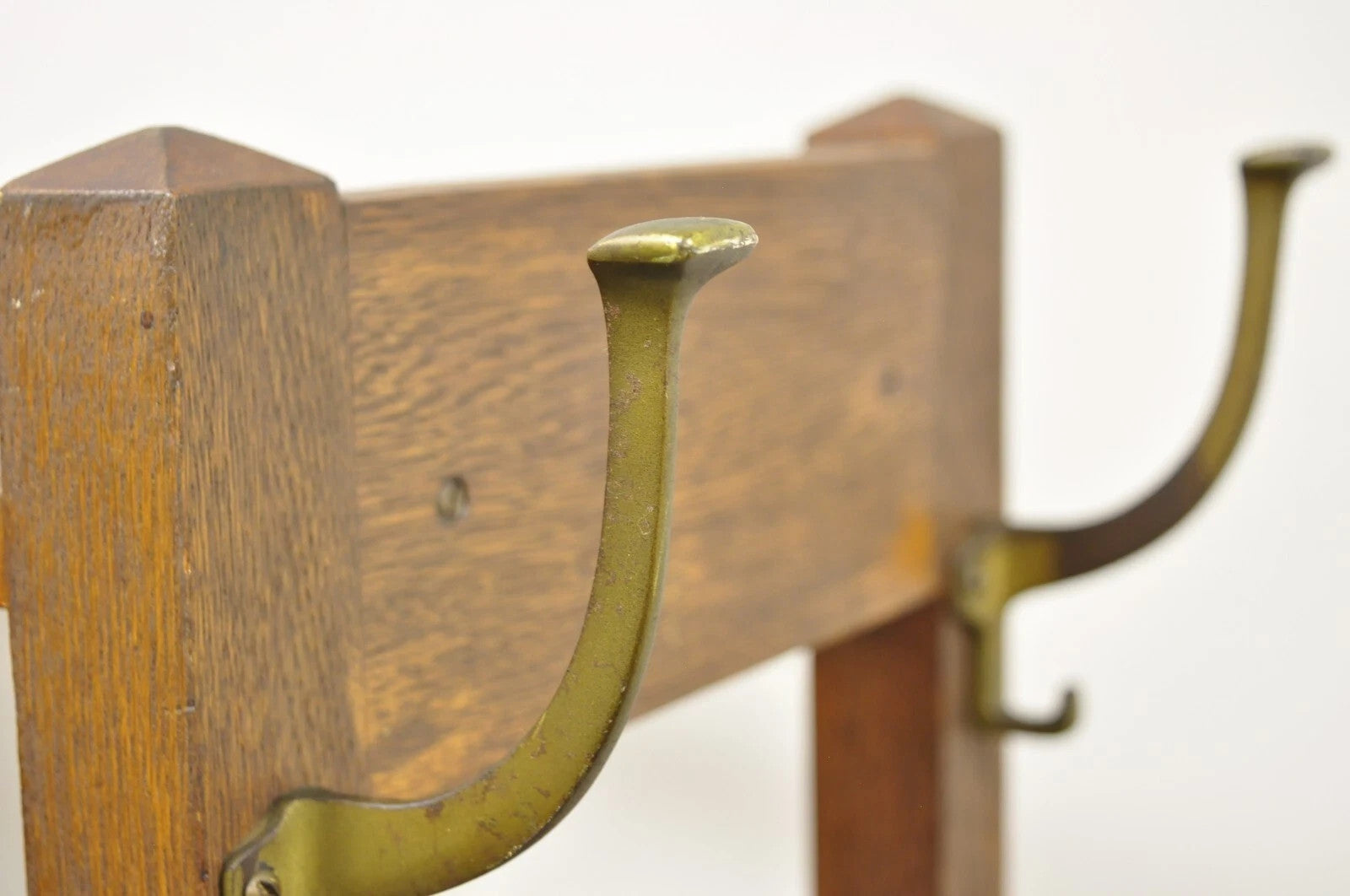 Antique Mission Arts & Crafts Oak Wood Coat Hook Hall Tree Umbrella Stand