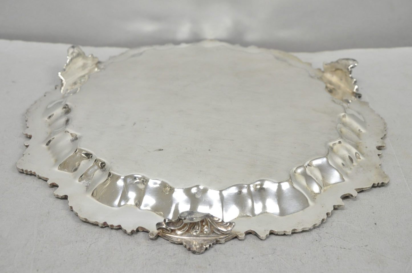 Vintage SBEP Victorian Silver Plated Round Scalloped Salver Bar Tray Platter
