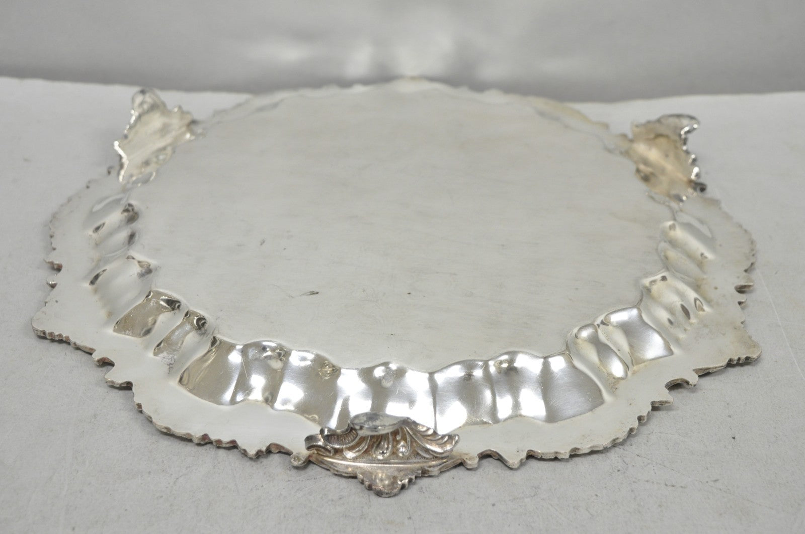 Vintage SBEP Victorian Silver Plated Round Scalloped Salver Bar Tray Platter