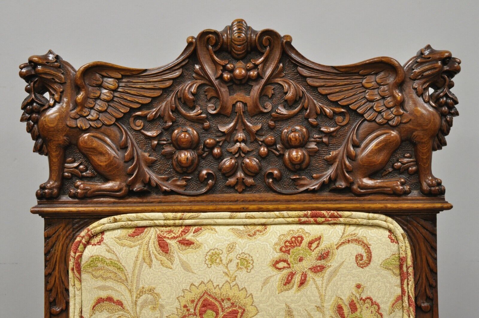 Pair 19th C. Carved Oak Winged Griffin Paw Foot Dining Chairs Attr. RJ Horner