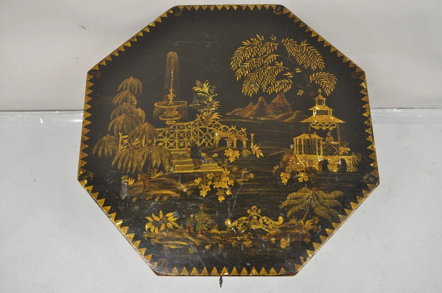 Antique Chinoiserie Hand Painted Pedestal Base Oriental Sewing Stand Side Table