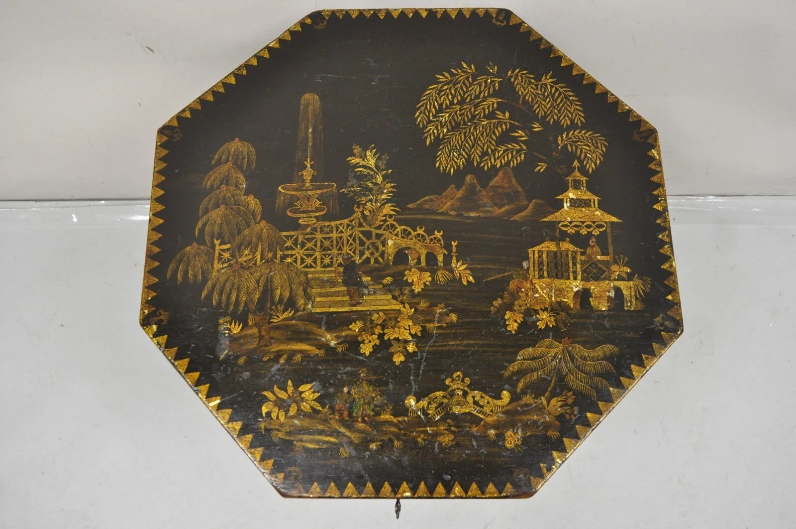 Antique Chinoiserie Hand Painted Pedestal Base Oriental Sewing Stand Side Table