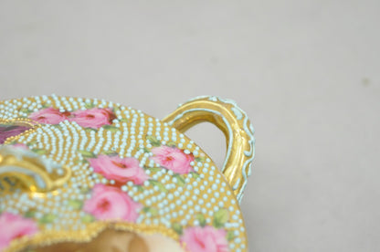 Antique Nippon Hand Painted Gold Gilt Porcelain Green Moriage Covered Sugar Bowl