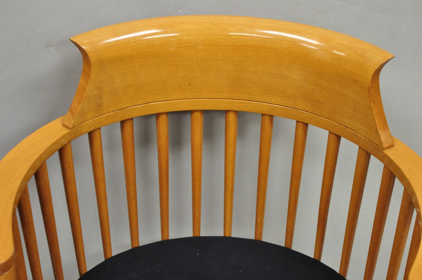 Vintage Postmodern Maple Wood Spindle Barrel Back Lounge Arm Chairs - a Pair