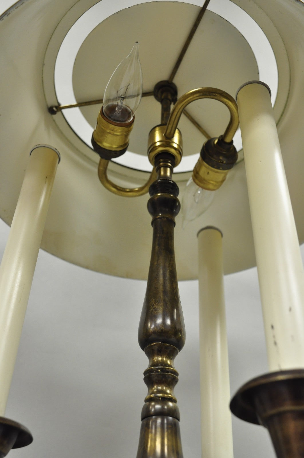 Frederick Cooper Brass Bouillotte Trumpet Arm Table Lamp w/ Green Tole Shade