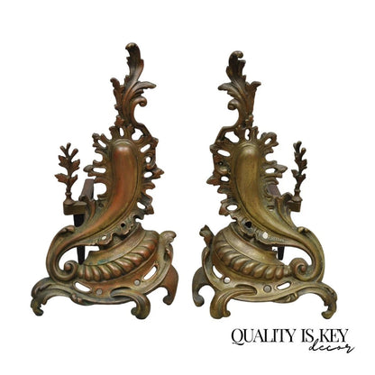 Antique French Rococo Baroque Style Brass Leafy Acanthus Andirons - a Pair