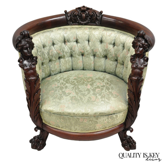 Antique Karpen Victorian Rococo Figural Maiden Carved Mahogany Parlor Club Chair